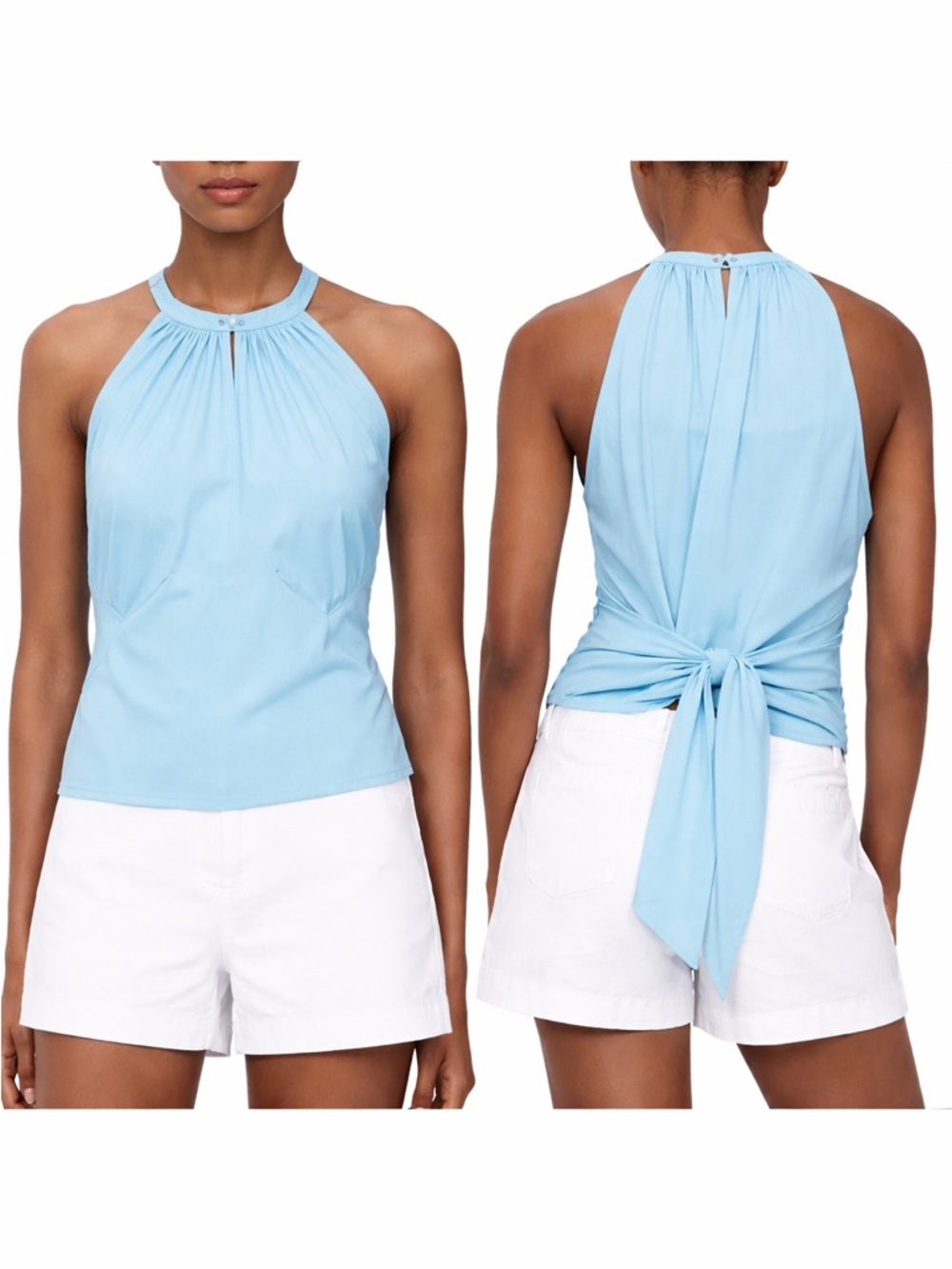 Zara Blue Halter Top Open Back Tie Waist Sleeveless Size S